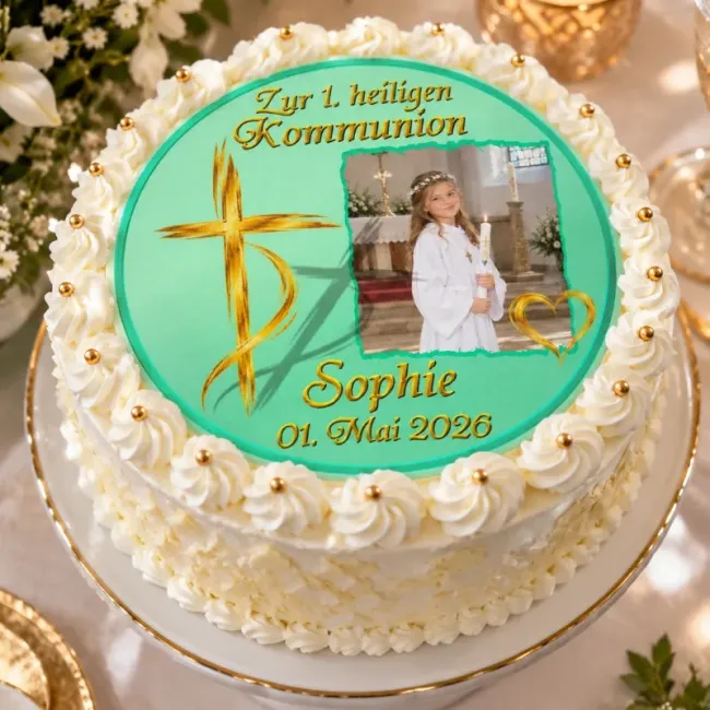 Tortenaufleger zu Kommunion & Konfirmation – Kreuz-Design mit Wunschfoto & Farbwahl